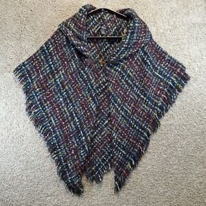 Modena Poncho Women One Size Multicolor Plaid Fringed Cowl Neck Boho Casual Chic